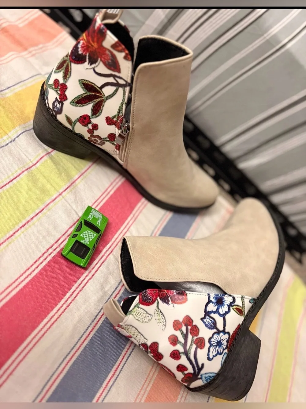 Vintage Taupe Ankle Boots with Floral Embroidered Heel